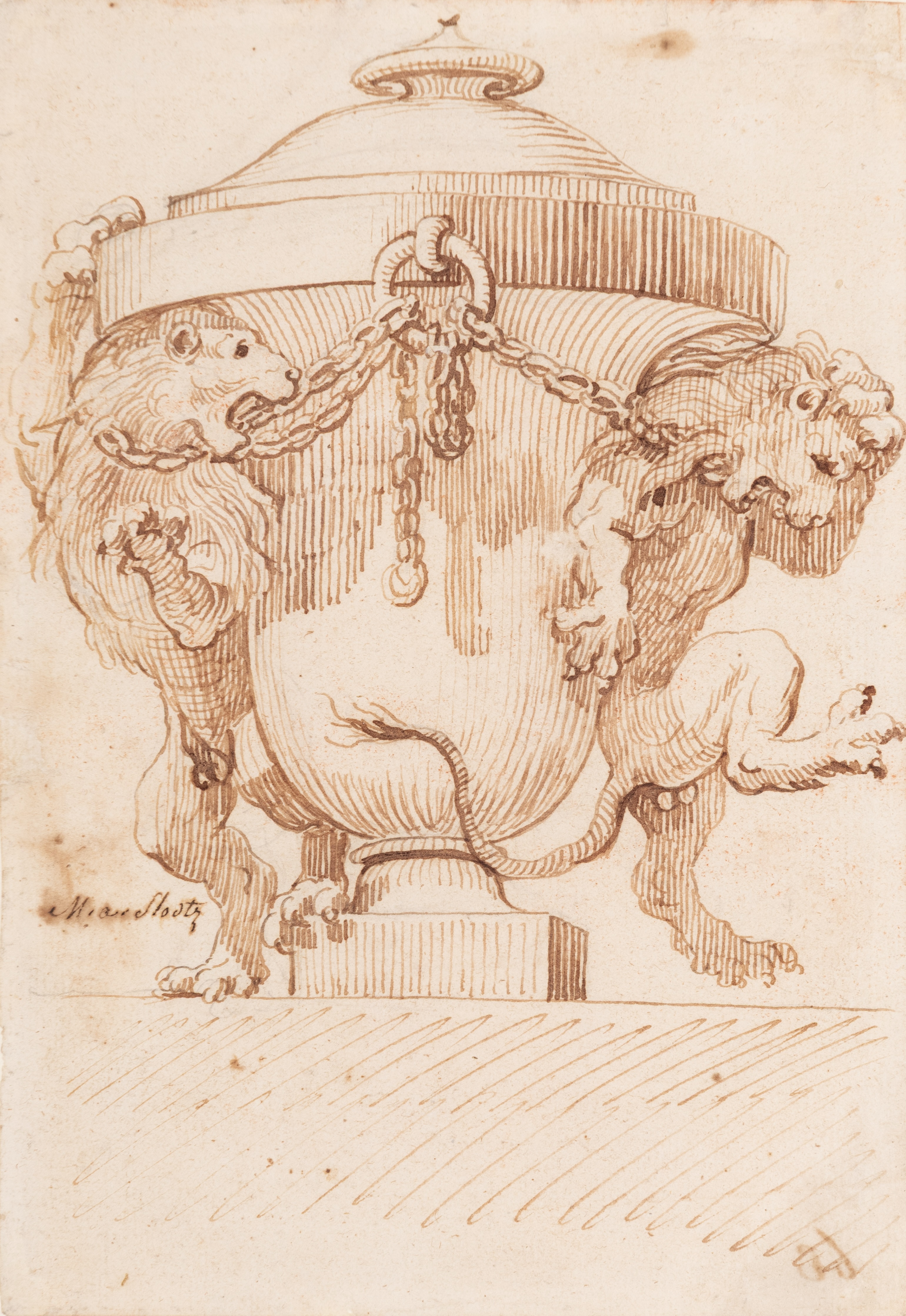 An Urn Flanked by Two Chained Lions